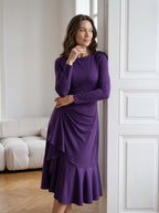 Solid Color Evening Dress, Round Neck, Long Sleeves, Fishtail Skirt, Slim Fit, Elegant Mid-Length Dress