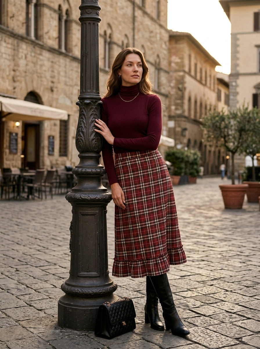 Women's Retro Plaid 2-Piece Set – Ribbed Knit Top & Midi Skirt