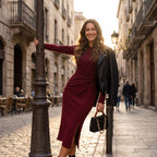Women's Solid Color Round Neck Belted Slit Hem Midi Dress Casual Long Sleeve Shift Office Autumn