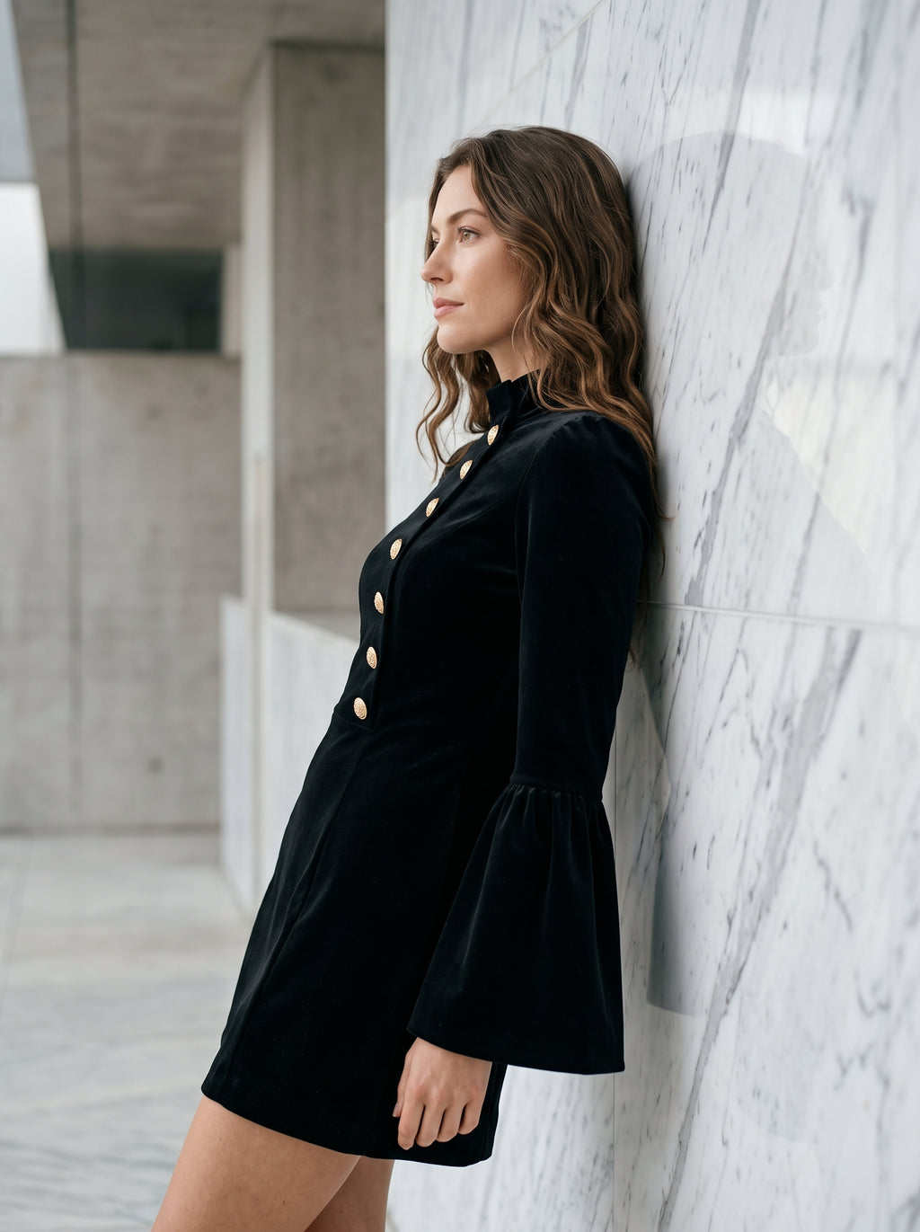 Autumn temperament slim solid colour stand-up collar flared sleeve single-breasted suit dress
