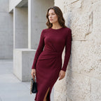 Women's Solid Color Round Neck Belted Slit Hem Midi Dress Casual Long Sleeve Shift Office Autumn