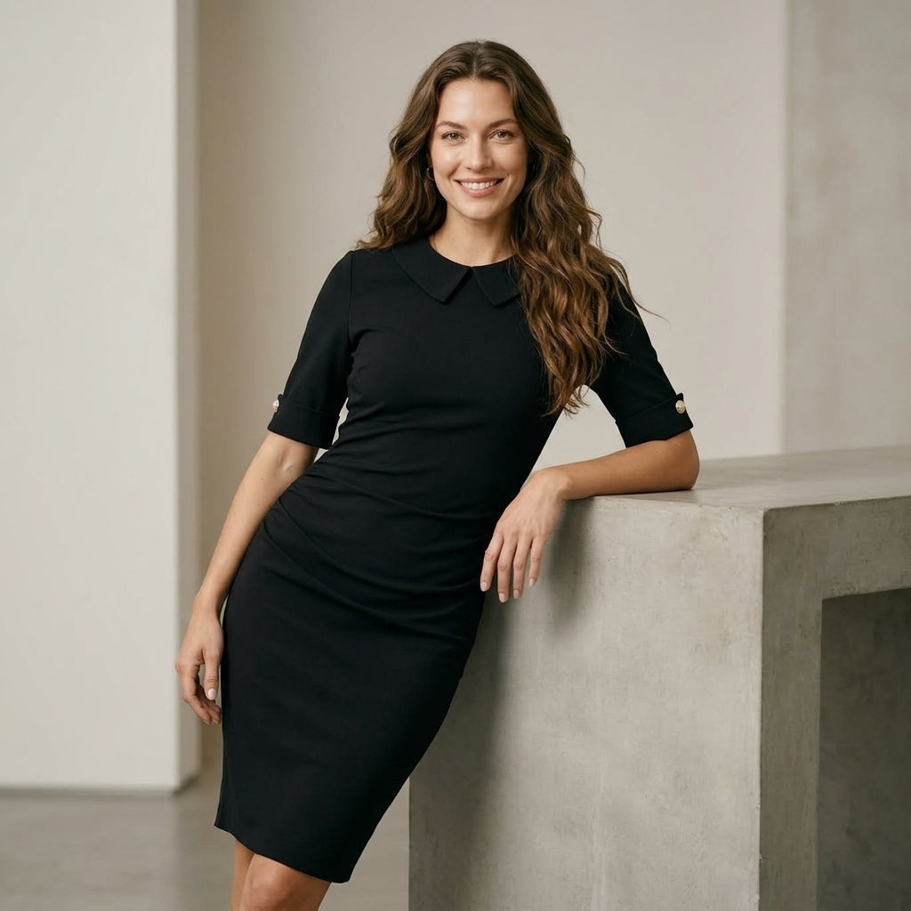 Womens Vintage Elegant Crew Neck Short Sleeve Work Office Tunic Black Business Casual Party Ruched Pencil Bodycon Dress