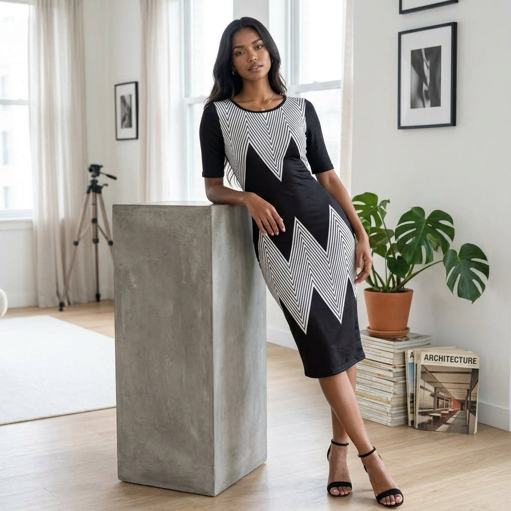 Slimming round Neck Short Sleeve Dress Waist Cinching Mid-Career Long Hip Hugging Fashionable Workwear