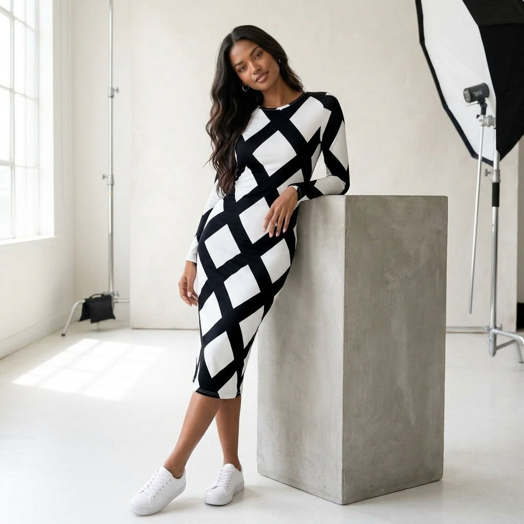 Women Black White Diamond Plaid Long Sleeve Bodycon Midi Dress Round Neck Slim Fit Evening Club Party Sheath Pencil Dress