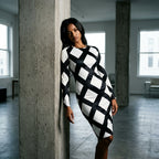 Women Black White Diamond Plaid Long Sleeve Bodycon Midi Dress Round Neck Slim Fit Evening Club Party Sheath Pencil Dress
