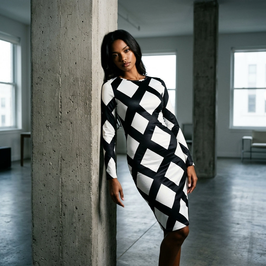 Women Black White Diamond Plaid Long Sleeve Bodycon Midi Dress Round Neck Slim Fit Evening Club Party Sheath Pencil Dress
