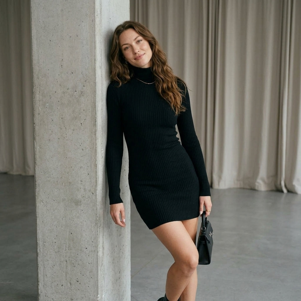 Fashionable Casual Ribbed Knit Women's Solid Color High Collar Long Sleeve Simple Short Dress