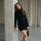 Fashionable Casual Ribbed Knit Women's Solid Color High Collar Long Sleeve Simple Short Dress