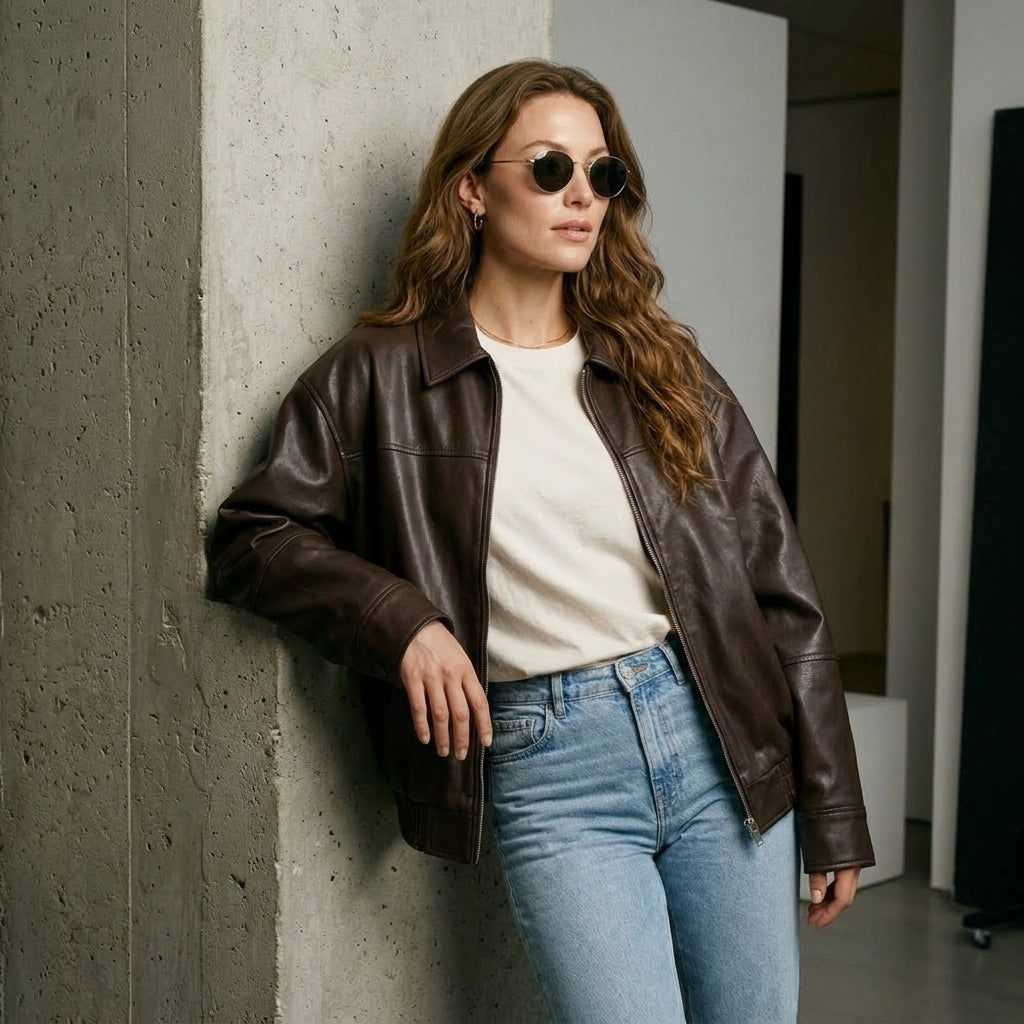 KONDALA 2026 Spring Summer Brown Business Casual Faux Leather Women Jackets Chic Valentine‘s Day Spliced Zipper Ladies Jackets