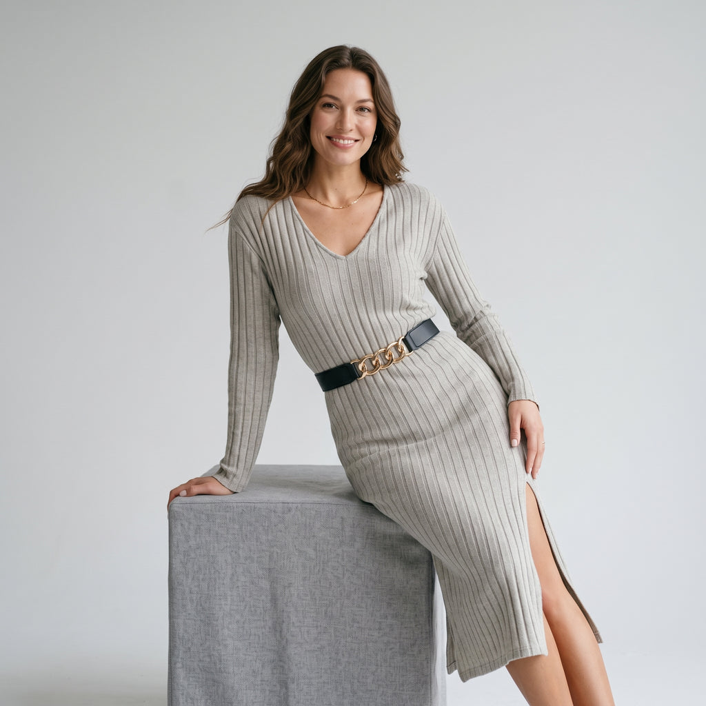 Women Retro Knit Midi Dress V‑Neck With Belt Split Hem Slim Elegant Mature Outfit For Office Party Autumn Winter New Arrival