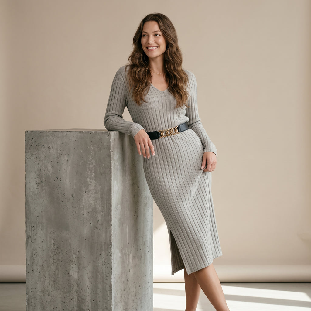 Women Retro Knit Midi Dress V‑Neck With Belt Split Hem Slim Elegant Mature Outfit For Office Party Autumn Winter New Arrival
