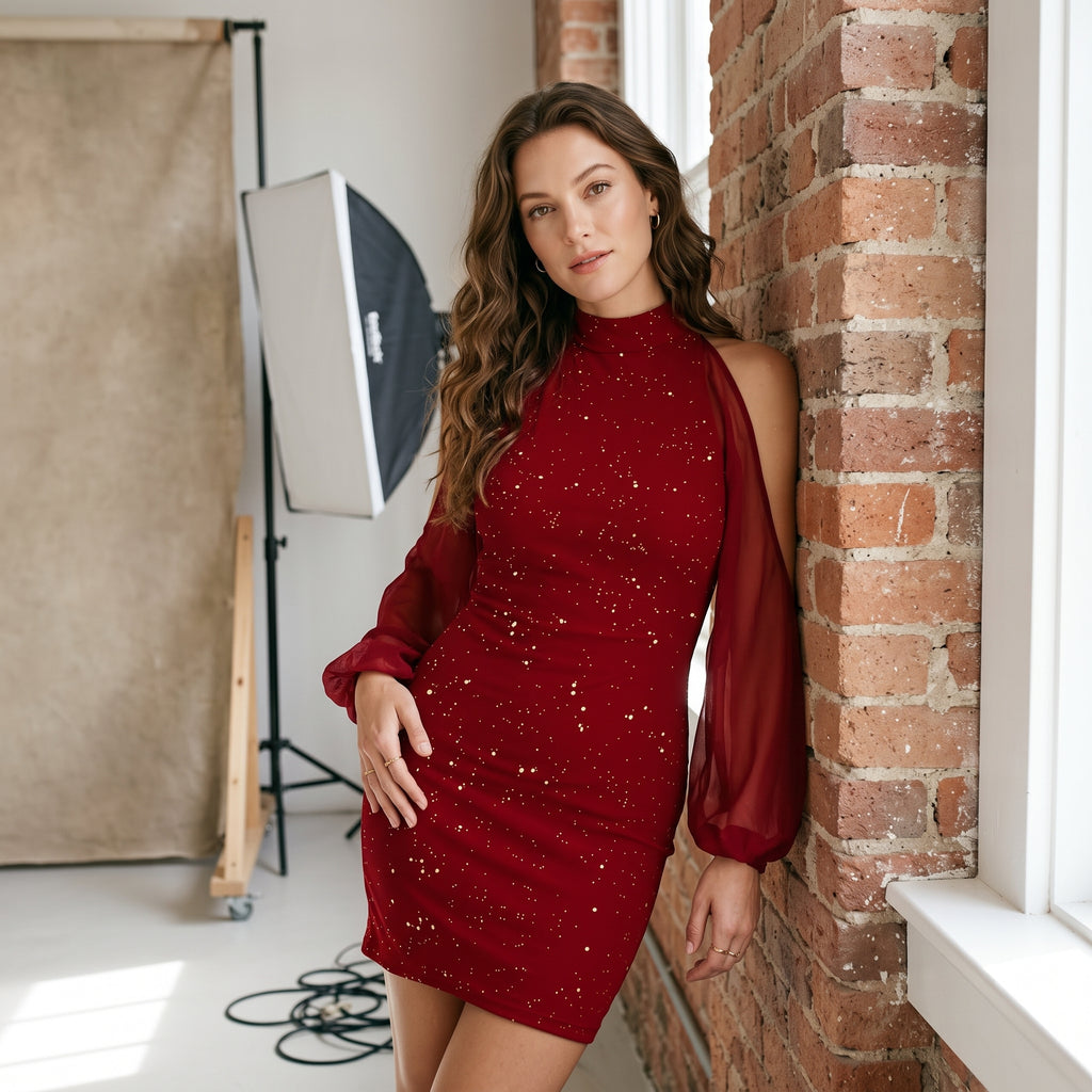 Women's Long Sleeve High Neck Bodycon Dress with Floral Lace Bell Sleeves for Party Evening Wear