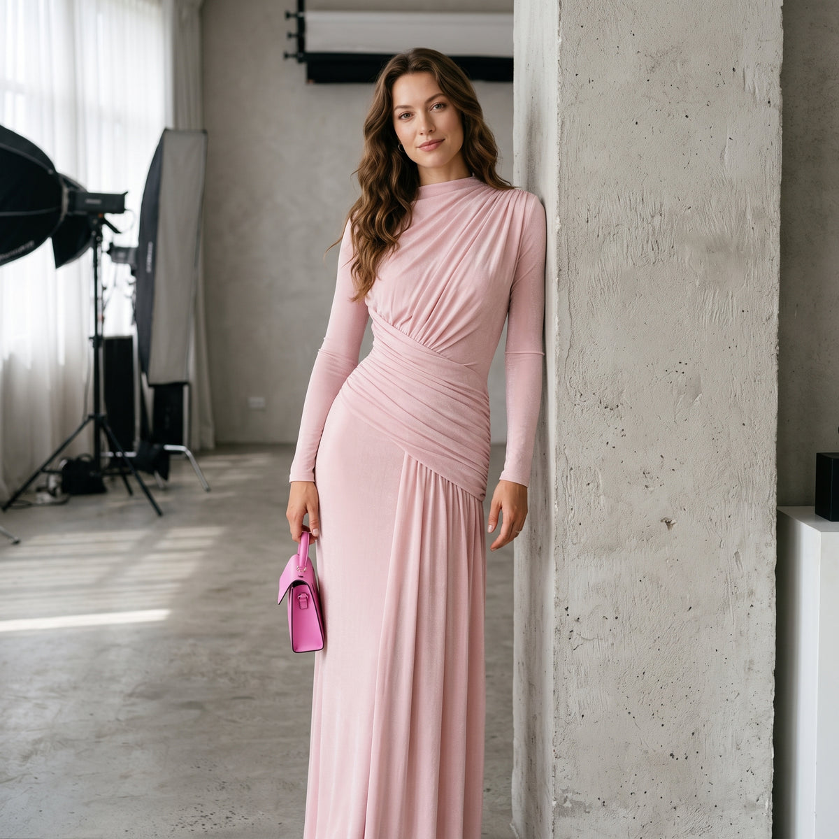 Sisterlinda Folds Maxi Dress Women O-Neck Full Sleeve Solid Banquet Elegant Vacation Fashion Autumn Skinny Casual Simple Vestido