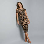 Women's Leopard Print Dress Casual Elegant One Collar Waist Short Sleeved Long Skirt Fashionable Casual Wear