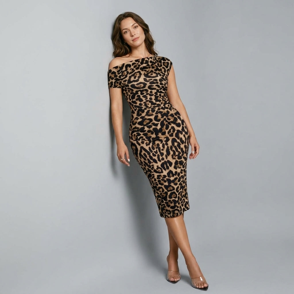 Women's Leopard Print Dress Casual Elegant One Collar Waist Short Sleeved Long Skirt Fashionable Casual Wear