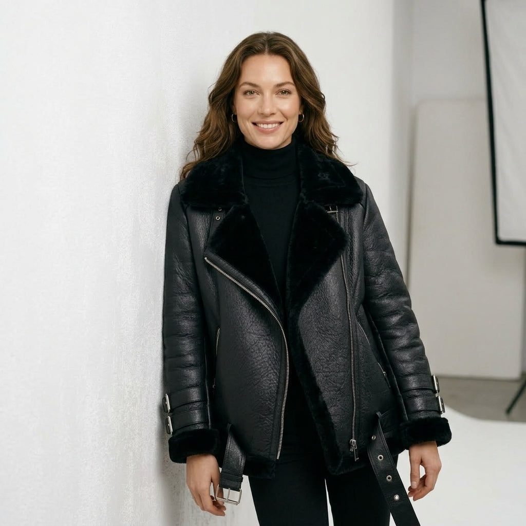 Ailegogo Winter Coats Women Thickness Faux Leather Fur Sheepskin Female Fur Leather Jacket Aviator Outwear Casaco Feminino