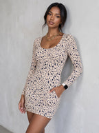 Women's Autumn Casual Elegant Round Neck Floral Print Dress with Pocket Long Sleeve Waist Cinching Mini Skirt Length