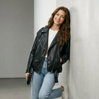 Ailegogo Women Loose Motorcycle Biker Black Pu Faux Leather Jacket with Belt Spring Autumn Female Zipper Coat Outwear
