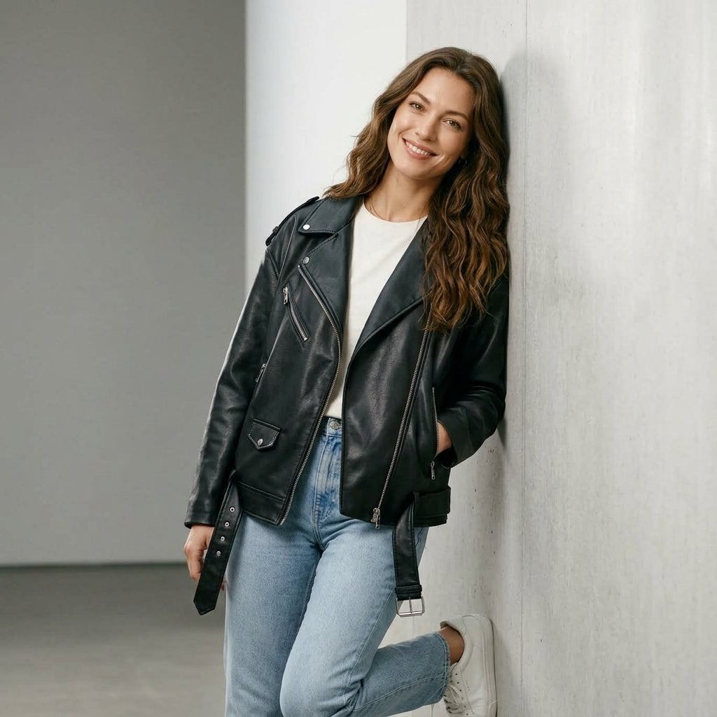 Ailegogo Women Loose Motorcycle Biker Black Pu Faux Leather Jacket with Belt Spring Autumn Female Zipper Coat Outwear