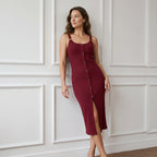Women's Spring/Summer Faux-Button Knit Tank Dress, Slim Fit Sexy V-Neck Slit Bodycon Dress for Daily & Party Wear