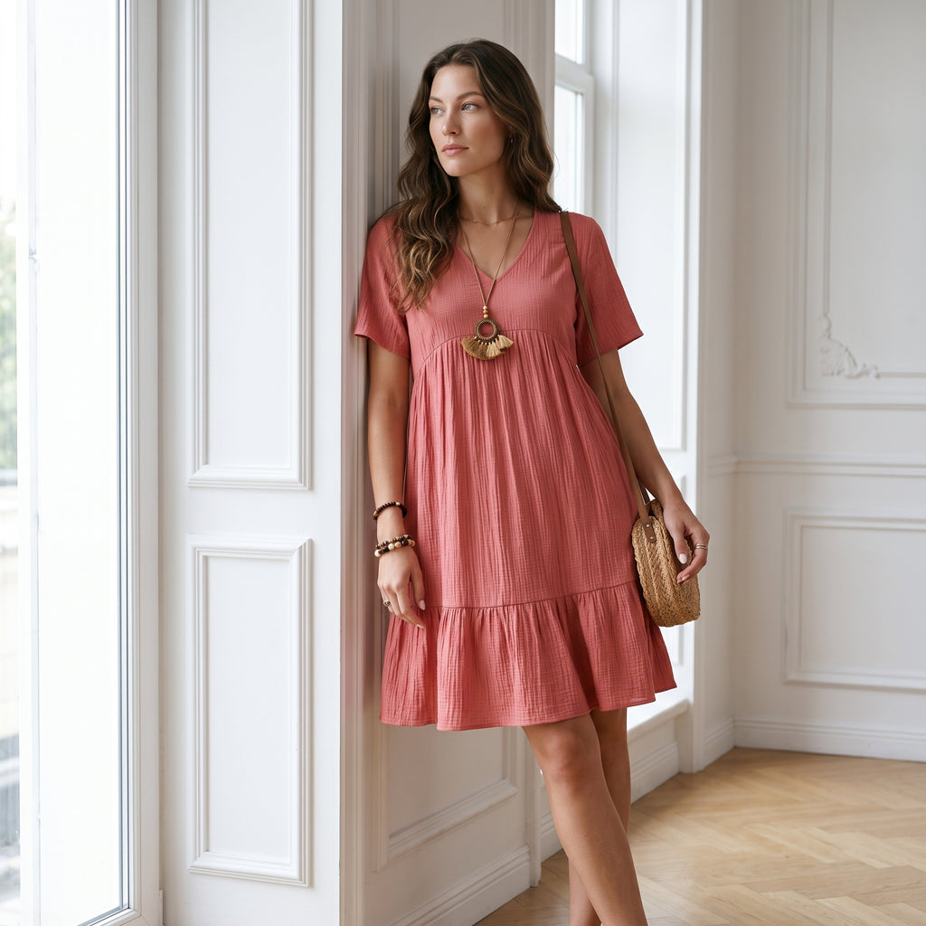 Vintage Solid Elegant Women Dress 2023 Summer Fashion Casual V-Neck High Waist A-Line Mini Dresses Lady Short Sleeve Party Dress