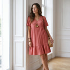 Vintage Solid Elegant Women Dress 2023 Summer Fashion Casual V-Neck High Waist A-Line Mini Dresses Lady Short Sleeve Party Dress