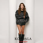 KONDALA Casual Chic Black Leather Jackets Women Long Sleeve Buttons Elastic Oversized Coats Fashion 2026 Spring Streetwear Coats