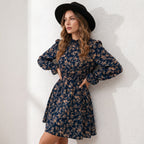 Elegant Women's Spring Autumn Floral Print A Line Dress Casual Vintage Office Lady Sexy Turtleneck Long Sleeve Slim Dresses