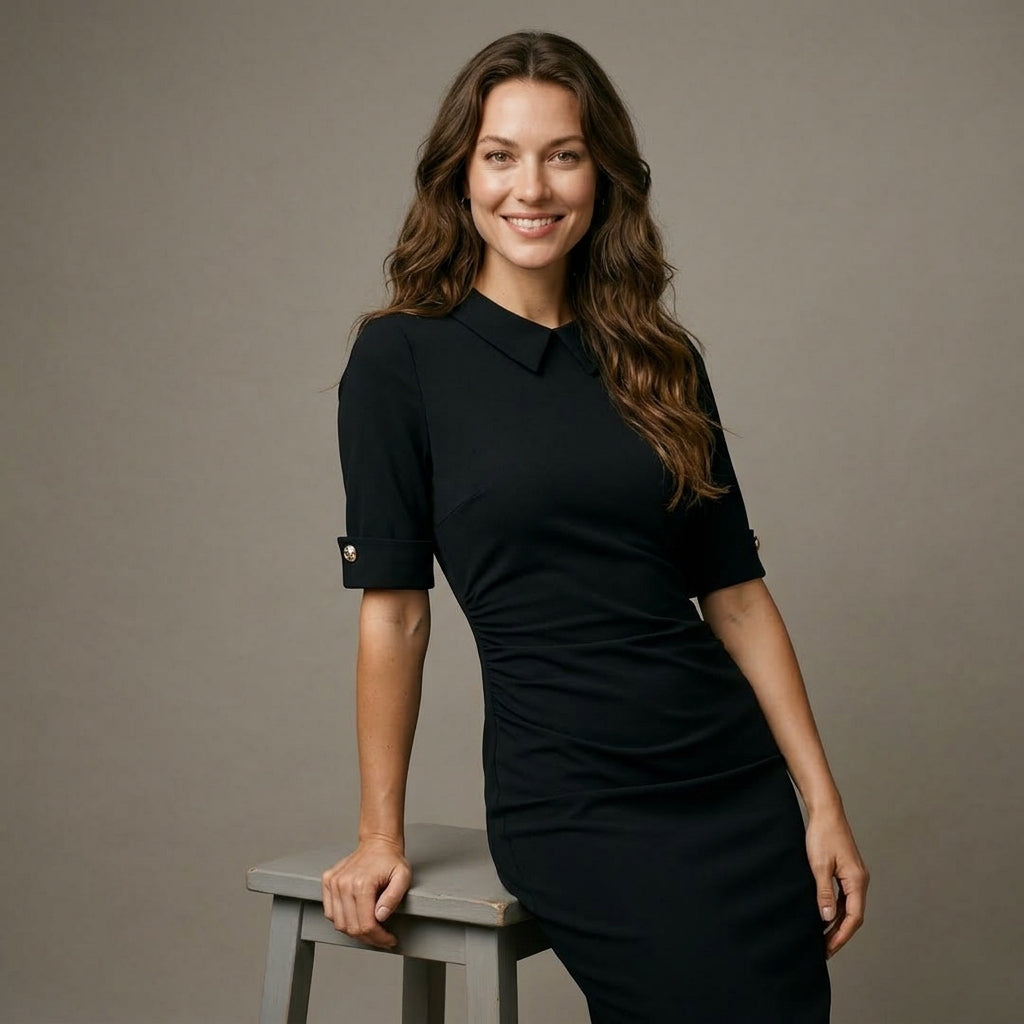 Womens Vintage Elegant Crew Neck Short Sleeve Work Office Tunic Black Business Casual Party Ruched Pencil Bodycon Dress