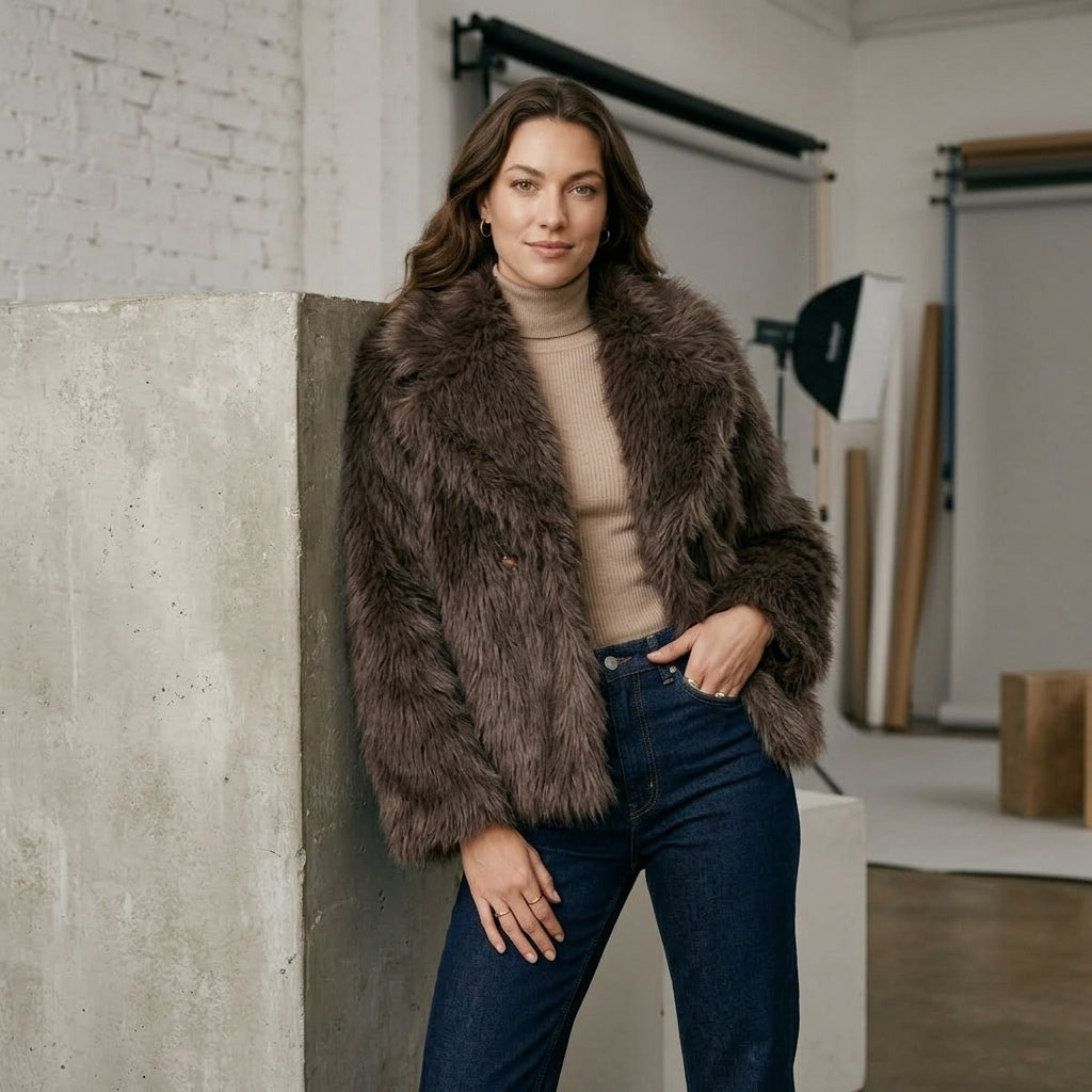 HH Women Fashion Cropped Faux Fur Jacket Coat Long Sleeve Front Snap-button Female Outerwear Chic Lapel Collar Thick Coat