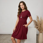 Elastic Waist Short Sleeve Dress Knitted Round Neck Short Sleeve Dress