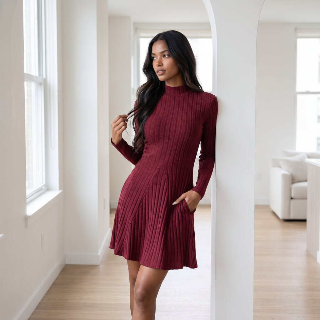 Women's Slim Fit Half High Collar Waist Cinched A-Line Skirt Long Sleeved Pit Stripe Dress