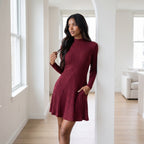 Women's Slim Fit Half High Collar Waist Cinched A-Line Skirt Long Sleeved Pit Stripe Dress