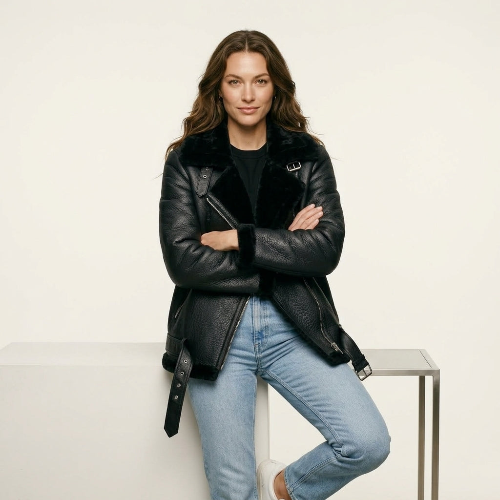 Ailegogo Winter Coats Women Thickness Faux Leather Fur Sheepskin Female Fur Leather Jacket Aviator Outwear Casaco Feminino