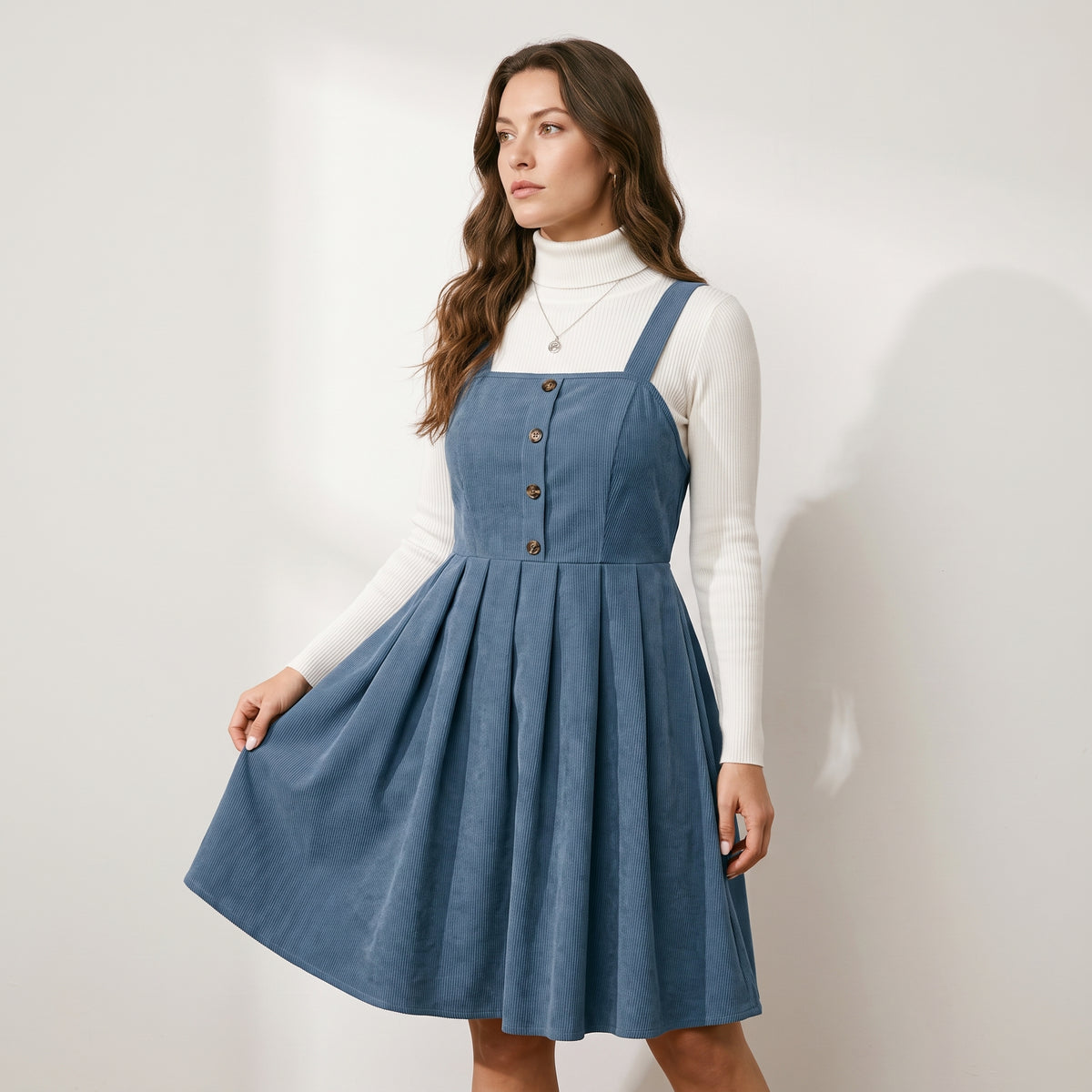 Plus Size Solid Button Front Plicated Pinafore Dress Without Inner Top, Casual Sleeveless High Waist Dress for Spring & Fall