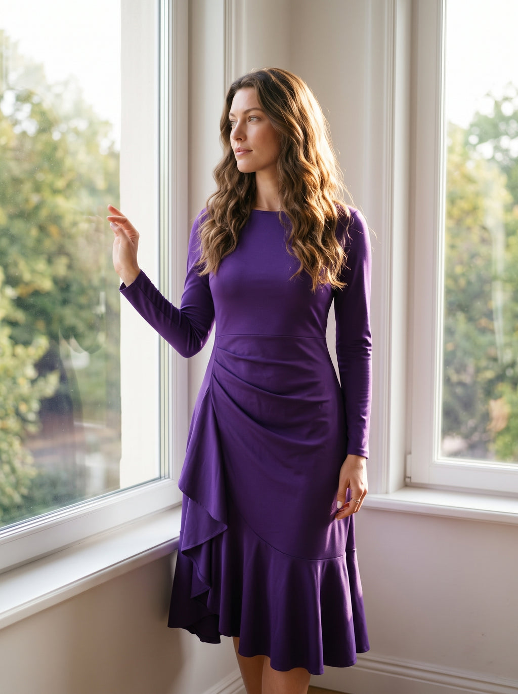 Solid Color Evening Dress, Round Neck, Long Sleeves, Fishtail Skirt, Slim Fit, Elegant Mid-Length Dress