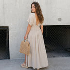 Fashion Bat-sleeved V-neck Slit Dress Summer Short Sleeve Elastic Waist Long Dresses Womens Clothing