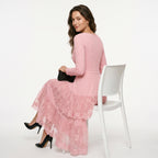 Women Elegant Long Sleeve Midi Dress, Crew Neck High Waist Tiered Lace Ruffle A‑Line Cocktail Party Dress Formal Wedding Guest Evening Dresses