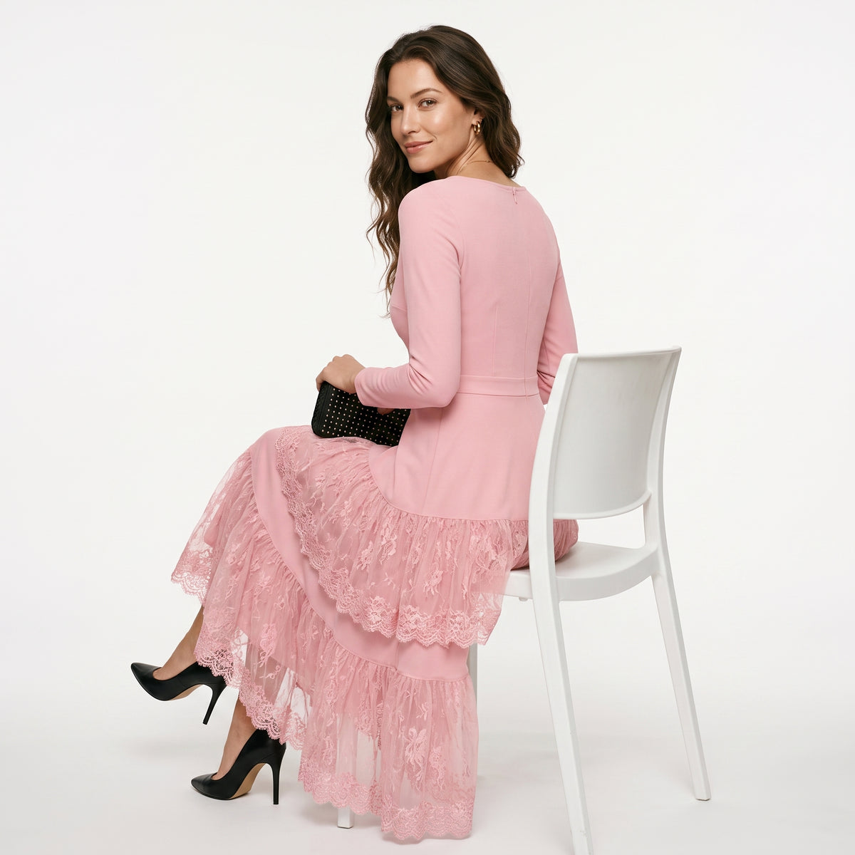 Women Elegant Long Sleeve Midi Dress, Crew Neck High Waist Tiered Lace Ruffle A‑Line Cocktail Party Dress Formal Wedding Guest Evening Dresses