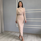 Fashionable Elegant Pure Color Long Sleeve Wrap Waist Dress New Arrival Stylish Classy Gown