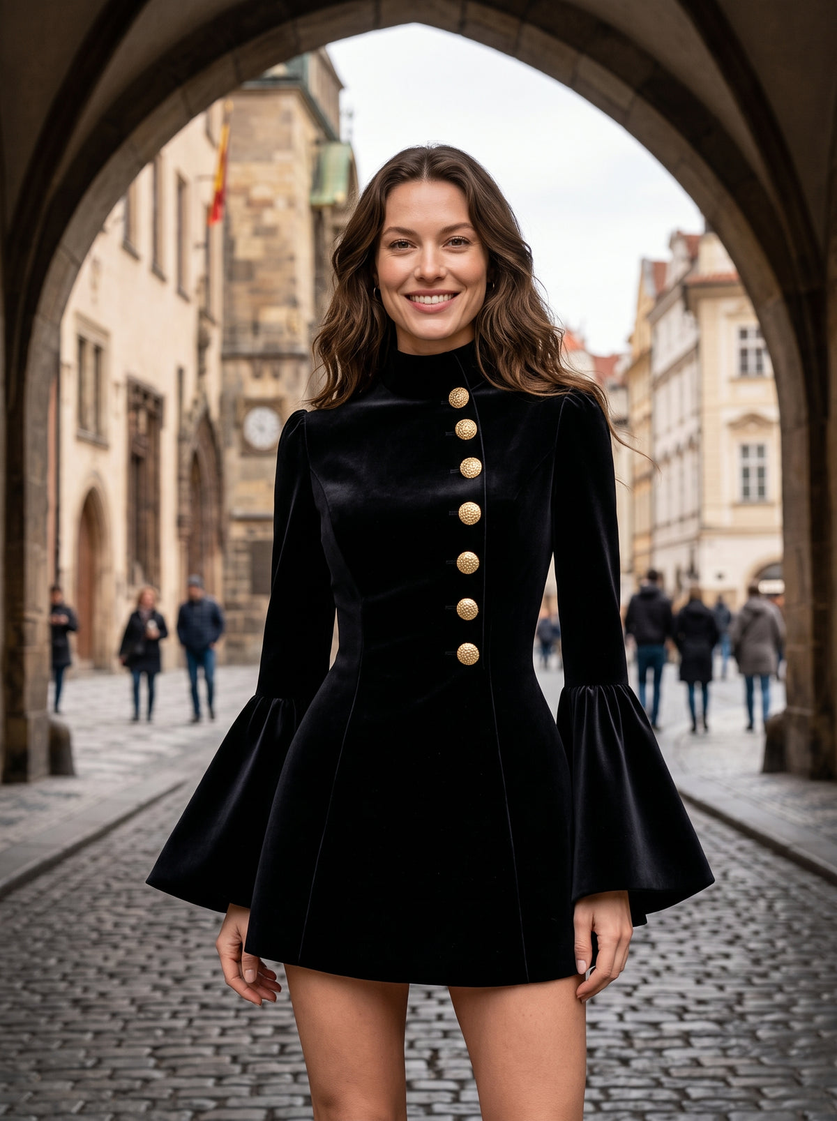 Autumn temperament slim solid colour stand-up collar flared sleeve single-breasted suit dress
