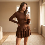 Autumn Winter Solid Color Slim Fit Cascading Ruffles Mini Dress Women Elegant Flare Sleeve High Waist Sexy Party Bodycon Dresses