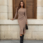 Women's Solid Color Round Neck Belted Slit Hem Midi Dress Casual Long Sleeve Shift Office Autumn