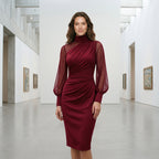 Women Mock Neck Mesh Long Sleeve Midi Dress Asymmetric Ruched Waist Slim Bodycon Elegant Wedding