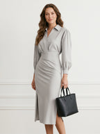 Autumn simple and fashionable V-neck solid colour waist pleated dress women's clothing
