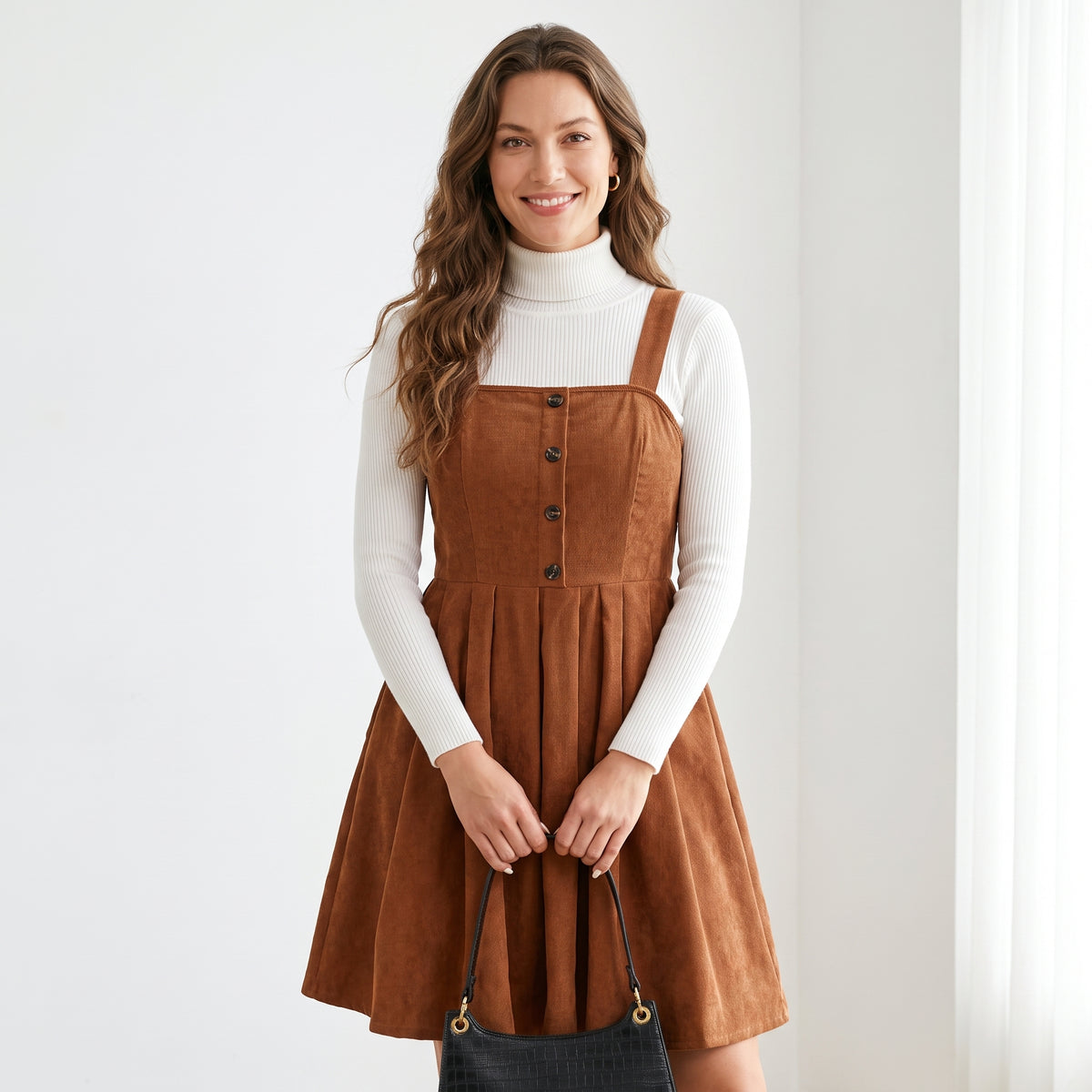 Plus Size Solid Button Front Plicated Pinafore Dress Without Inner Top, Casual Sleeveless High Waist Dress for Spring & Fall