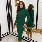 Fashionable Elegant Pure Color Long Sleeve Wrap Waist Dress New Arrival Stylish Classy Gown