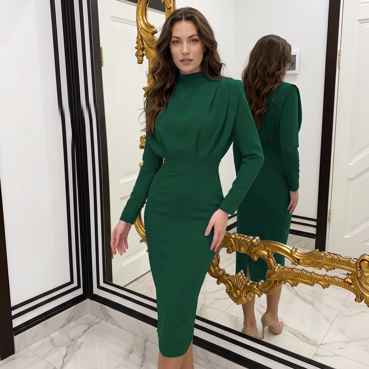 Fashionable Elegant Pure Color Long Sleeve Wrap Waist Dress New Arrival Stylish Classy Gown