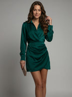 Sophisticated Satin Shirt Dress - Elegant Fitted Mini Dress with Long Sleeves & Collar Perfect for Evening Events