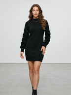 Women's Casual Solid-Color Stand-Collar Loose-Fit Knit Patchwork Dress, Belt Not Included, Fall/Winter Women's Apparel